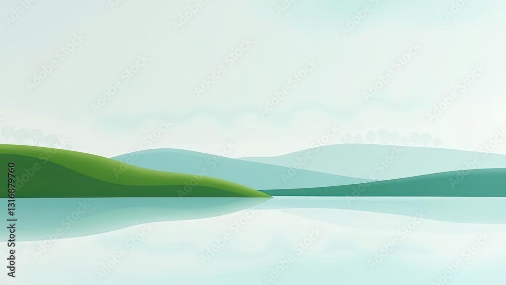 Fototapeta premium Serene Green Hills and Calm Lake Peaceful Nature Landscape