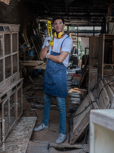 Professional Carpenter happy working to making woodcraft furniture in wood workshop look professional high skill making furniture. masterpieces .