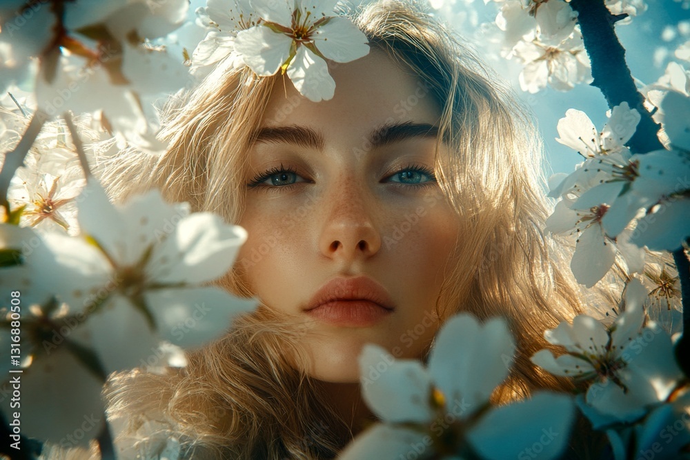 Fototapeta premium Attractive caucasian young woman surrounded by cherry blossoms. Spring mood, morning glow and fog. Commercial visual idea. Woman surrounded by vibrant cherry blossoms.