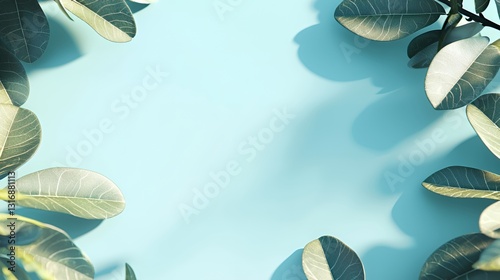 Green Leaves Frame on Light Blue Background