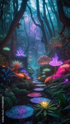 A mystical forest scene with vibrant, glowing plants and a serene pathway.