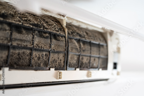 Dirty in dust and mold air conditioner filter close-up. Home air conditioner maintenance