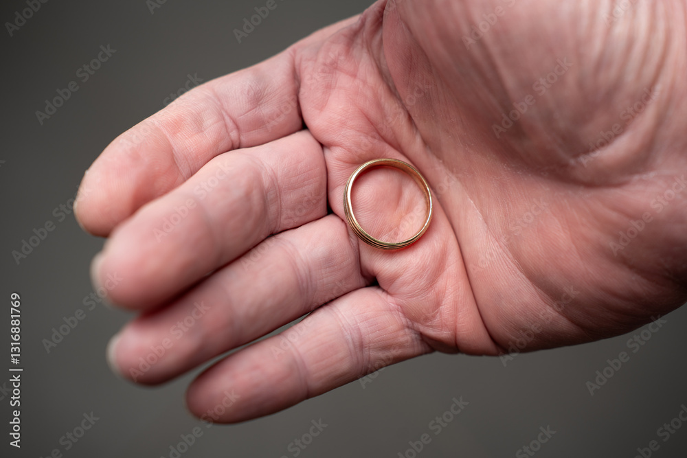 Hand is holding a wedding ring, showing signs of wearing it for a long time. Conceptual, for different states of marriage. Hand is holding a wedding ring, showing signs of wearing it for a long time. Conceptual, for different states of marriage.
