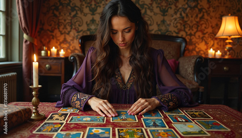 Celestial tarot reader with cards in antique parlor room with candles providing warm glow