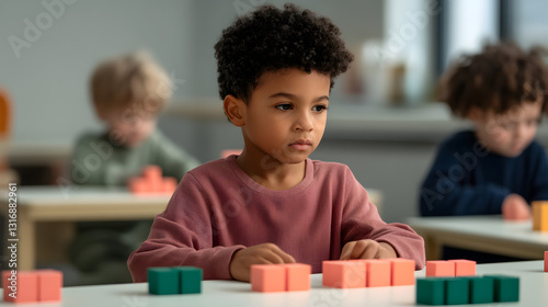 Child engaging with learning blocks classroom educational activity indoor focused mindset