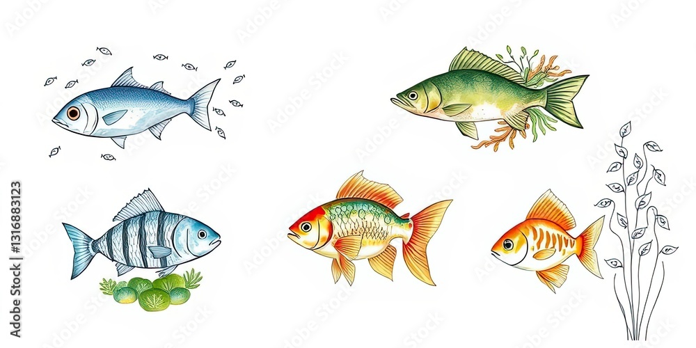 Naklejka premium Colorful Fish Illustration Aquatic Life Marine Animals Ocean Wildlife Underwater Scene School of