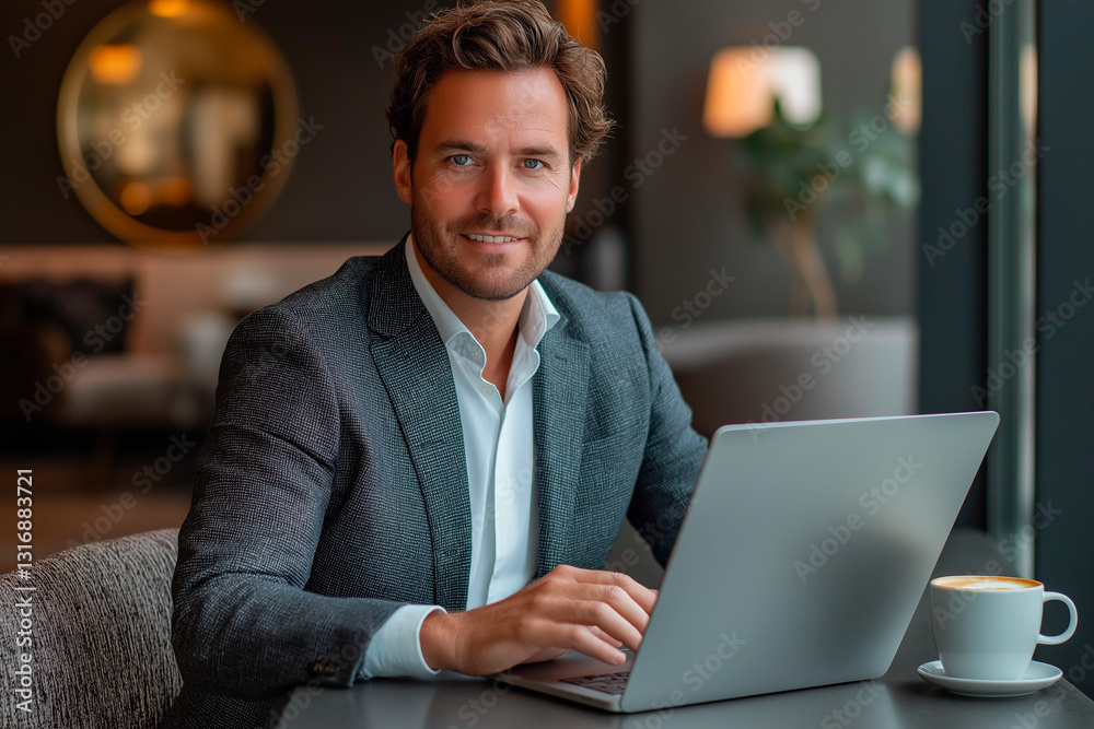 A confident businessman with a smile working on a laptop in a stylish cafe A confident businessman with a smile working on a laptop in a stylish cafe