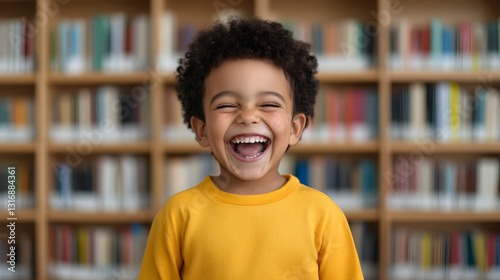 Joyful child smiling library portrait indoor eye-level happiness concept