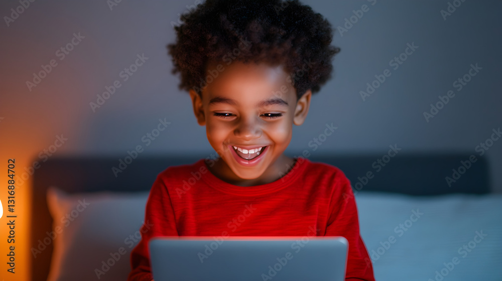 Cozy bedroom child's joyful tablet play and digital interaction experience