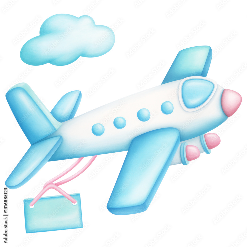 Naklejka premium cartoon airplane with blue wings and white body flies with cloud