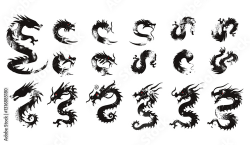 Tribal tattoo, Chinese dragon vector, abstract snake silhouette, ink brushstroke set, Japanese watercolor, vintage zodiac, oriental calligraphy kit, traditional painting collection.