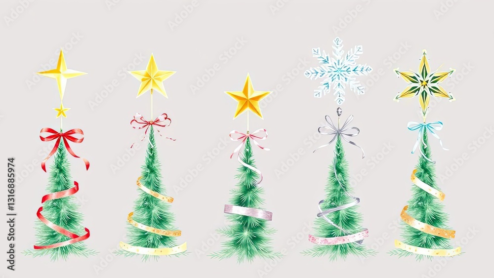 Obraz premium Festive Christmas Trees Stars Snowflakes Ribbons Holiday Decor