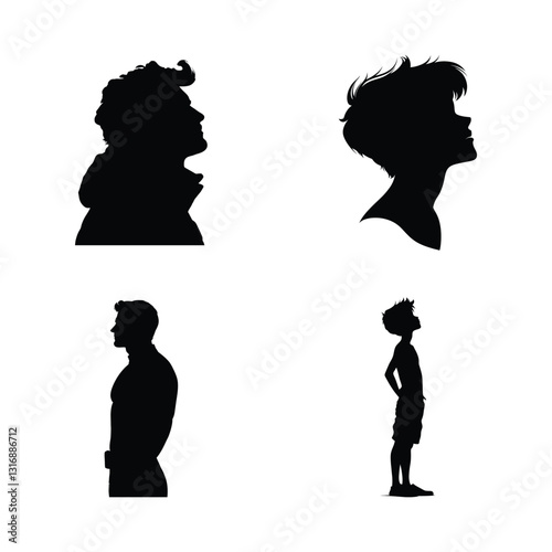 Boy looking up silhouette set clipart on a white background