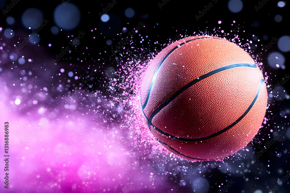 A basketball in motion surrounded by pink particles against a dark background A basketball in motion surrounded by pink particles against a dark background