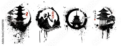Japanese ink brush vector stain, oriental art, samurai, ink design, pagoda circle, calligraphy paintbrush, watercolor drips, traditional object, tiger, dye splatter