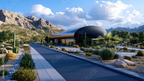 Wallpaper Mural Modern Architectural Design Surrounded by Desert Landscape with Dramatic Mountains and Lush Vegetation in Bright Daylight Torontodigital.ca