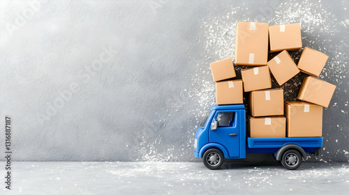 A blue toy truck loaded with cardboard boxes against a gray textured background