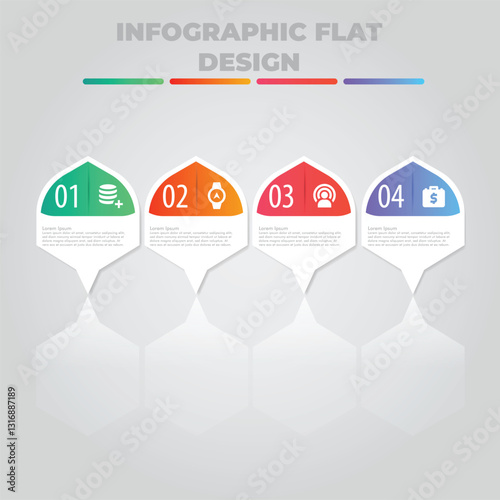 Four-step infographic process; hexagonal background; gray backdrop; business presentation