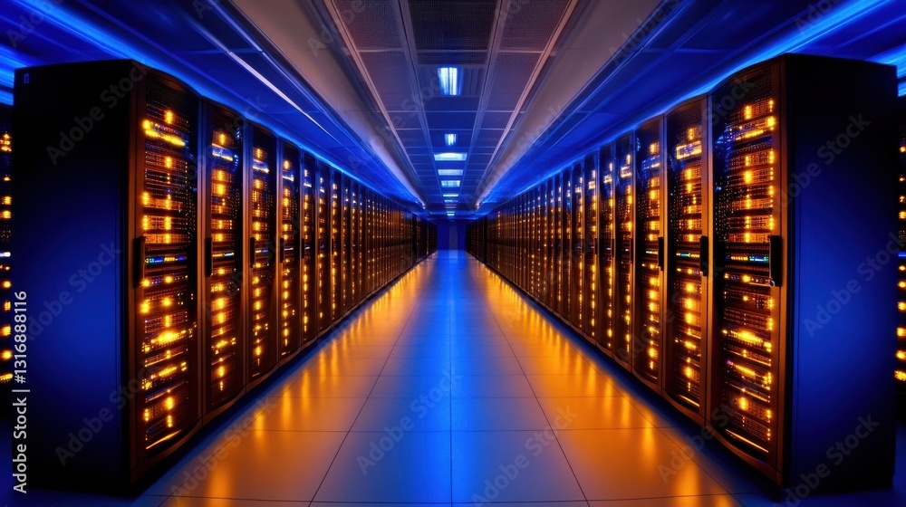 Fototapeta premium Futuristic Data Center with Rows of Servers Illuminated by Blue and Golden Lights in a High-Tech Environment