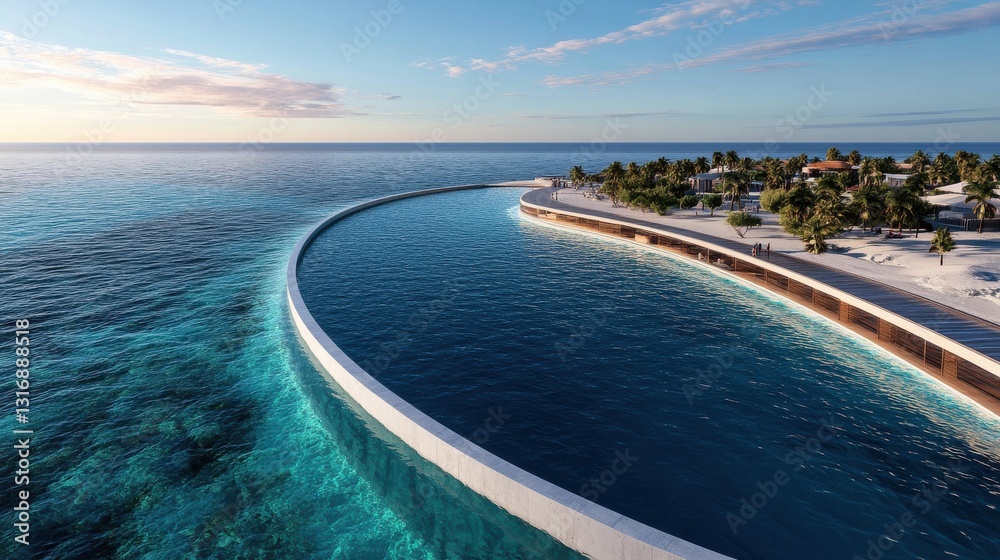 Fototapeta premium Serene Coastal Architecture with Curved Seaside Walkway in Tropical Paradise