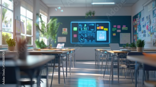 A futuristic digital school concept with a holographic tablet displaying lessons