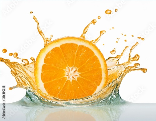 Cut-Out of a Delicious Orange Slice Splashing Fresh Juice with transparent background.