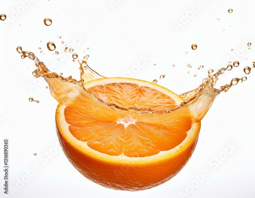 Cut-Out of a Delicious Orange Slice Splashing Fresh Juice with transparent background.