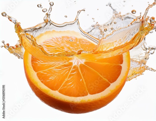 Cut-Out of a Delicious Orange Slice Splashing Fresh Juice with transparent background.