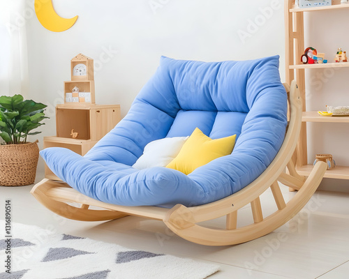 A light blue cushioned rocking chair with yellow and white pillows sits on a light grey and white rug in a childs room