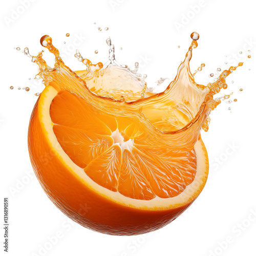 Cut-Out of a Delicious Orange Slice Splashing Fresh Juice with transparent background.