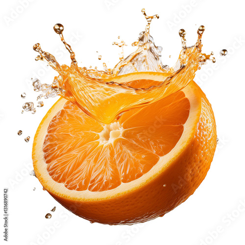 Cut-Out of a Delicious Orange Slice Splashing Fresh Juice with transparent background.
