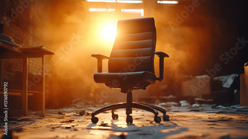 A lone office chair sits in a dimly lit abandoned room Dust motes dance in the golden light filtering through the brok