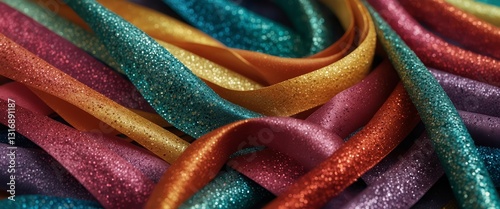 Vibrant wavy ribbons, flowing gracefully with shimmering glitter accents in a dazzling color palette