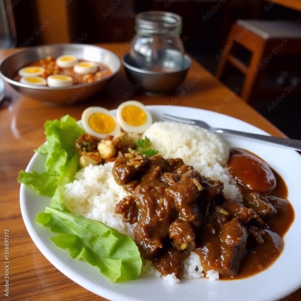 Savory beef rendang with thick coconut curry sauce. Savory beef rendang with thick coconut curry sauce.