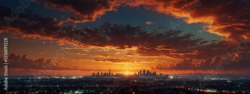 Vivid sunset skyline with glowing colors and distant structures