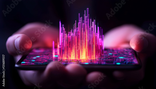 A person holds a phone displaying a vibrant digital city skyline  The image is dark highlighting the glowing cityscap