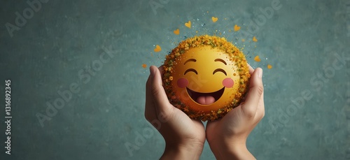  Whimsical visual concept, with hands lifting a floating face emoji, radiating positivity and warmth