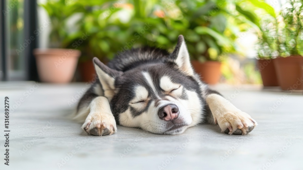 Fototapeta premium Lazy dog sleeping on the porch Concept, Husky Dog Relaxing in Shade on Concrete Porch Surrounded by Lush Greenery