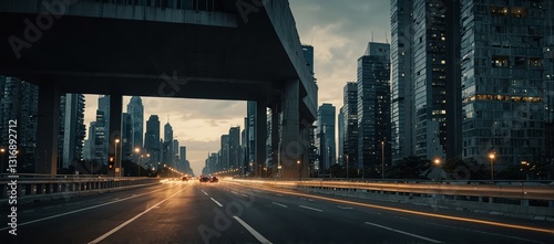 Expansive Urban Highway Surrounded by City Buildings
