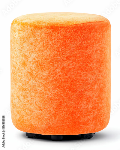 A vibrant orange cylindrical ottoman short and plush sits on a white background
