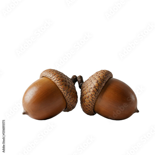 A lifelike close-up of two acorns