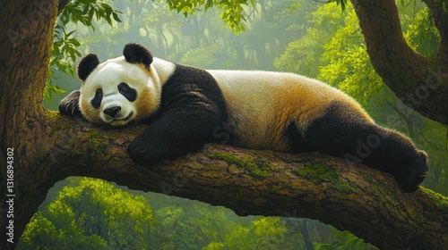 A lifelike oil painting captures a serene giant panda lounging on a tree branch. Its head rests gently on forepaws while its body curves elegantly to the left