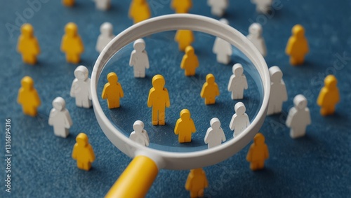 Standout Yellow Figure Under Magnifying Glass Surrounded by White Icons
