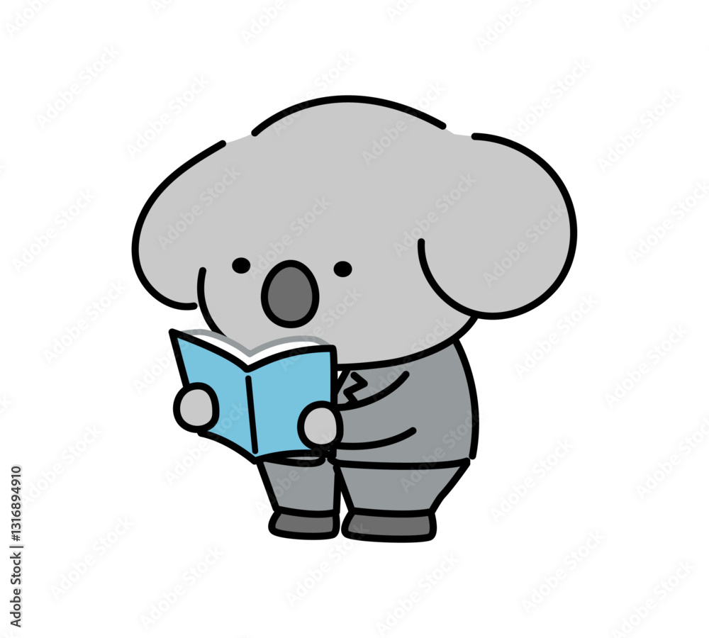 立って本を読むスーツ姿のコアラキャラクター 立って本を読むスーツ姿のコアラキャラクター