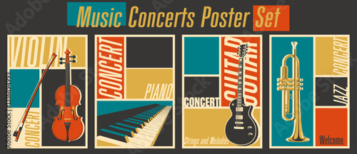 Electric Guitar, Piano Keyboard, Trumpet, Violin and Fiddlestick. Retro Music Concert Posters, Vintage Color Backgrounds