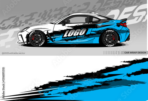 Car wrap design vector. Car livery abstract decal with black, white, blue colour. Sticker Vinyl template. Suitable for racing, rally, drfit, sport car, truck, or daily use car