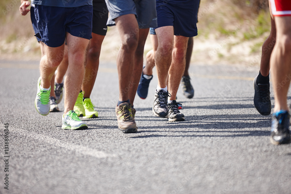 Fototapeta premium People, shoes and group running in road for marathon practice, endurance training and fitness jog. Legs, low angle and athlete with race exercise for performance, sports challenge and healthy body