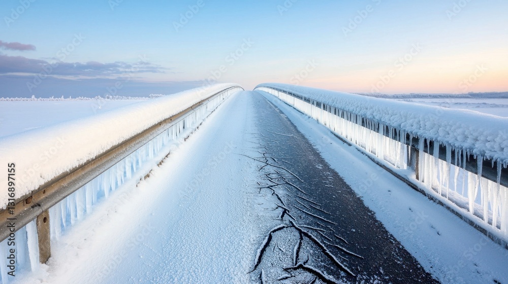 Obraz premium Cold Infrastructure Damage Concept, Highway Bridge Covered in Black Ice Beneath a Clear Sky with Icicles Along the Rails