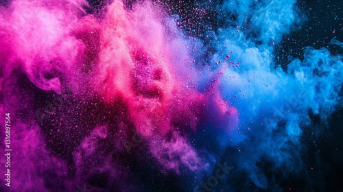 Abstract Holi color burst with intense powder particles and fluid splashes on deep black, ideal for book covers, party decorations, or artistic backgrounds. Crisp f/8 photography enhanced for clarity,