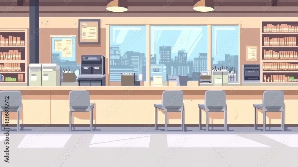 Modern office reception area with city view. Modern office reception area with city view.